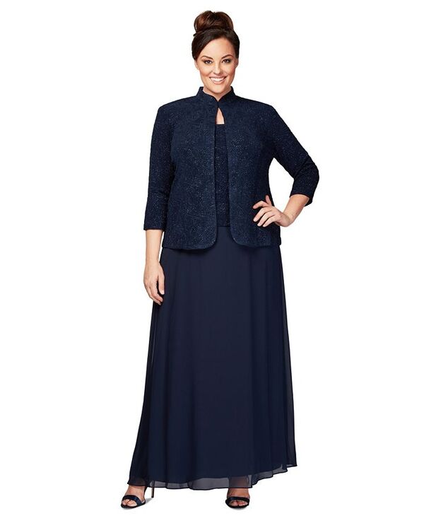 アレックスイブニングス レディース トップス ワンピース A ライン プラスサイズ ジャケット Alex Evenings Plus Size Glitter Jacket & A-Line Dress Navy ネイビー｜ReVida 店