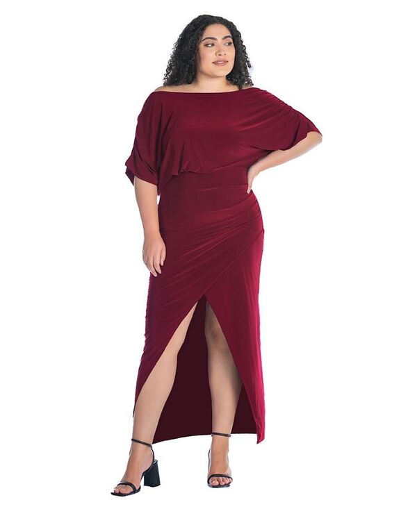 24 セブンコンフォート レディース トップス ワンピース マキシワンピース プラスサイズ マキシ 24seven Comfort Apparel Plus Size Boat Neck Batwing Sleeve Slit Maxi Dress Burgundy バーガンディ