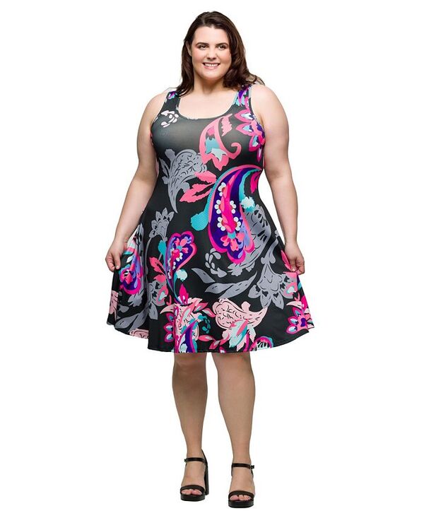 24 セブンコンフォート レディース トップス ワンピース ひざ丈 プラスサイズ プリント ノースリーブ 24seven Comfort Apparel Plus Size Print Sleeveless Knee Length Tank Swing Dress Pink Multi ピンク|ReVida 店