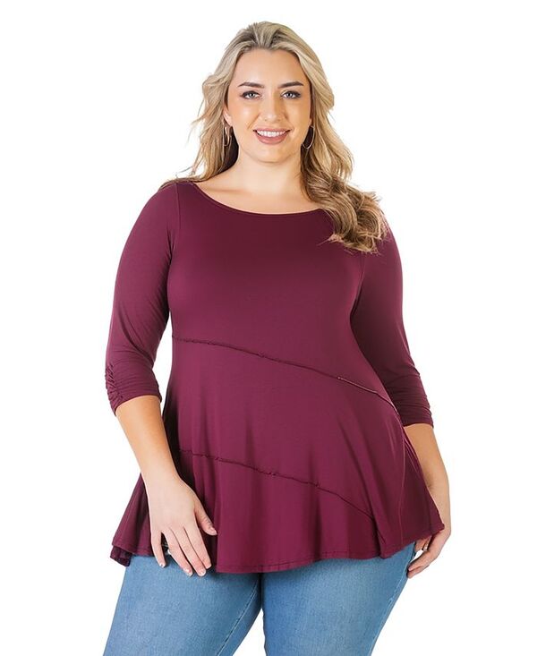 24 セブンコンフォート レディース トップス シャツ プラスサイズ ギャザー 24seven Comfort Apparel Plus Size Ruched Sleeve Swing Tunic Top Wine ワイン