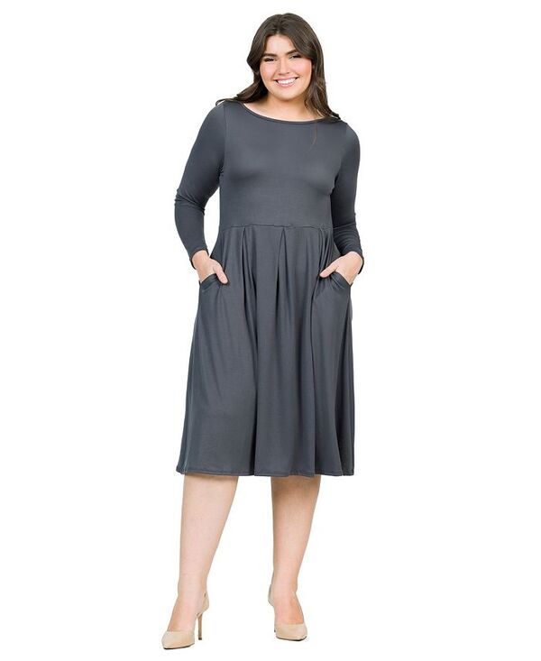24 セブンコンフォート レディース トップス ワンピース ミディワンピース プラスサイズ ミディ 24seven Comfort Apparel Plus Size Long Sleeve Fit and Flare Midi Dress Grey グレー｜ReVida 店