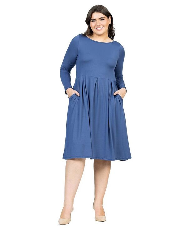 24 セブンコンフォート レディース トップス ワンピース ミディワンピース プラスサイズ ミディ 24seven Comfort Apparel Plus Size Long Sleeve Fit and Flare Midi Dress Indigo インディゴ|ReVida 店