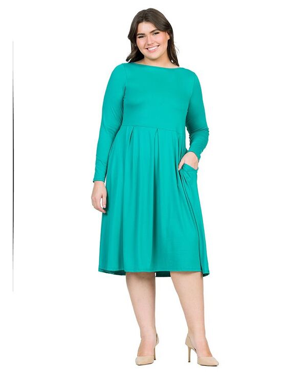 24 セブンコンフォート レディース トップス ワンピース ミディワンピース プラスサイズ ミディ 24seven Comfort Apparel Plus Size Long Sleeve Fit and Flare Midi Dress Jade｜ReVida 店