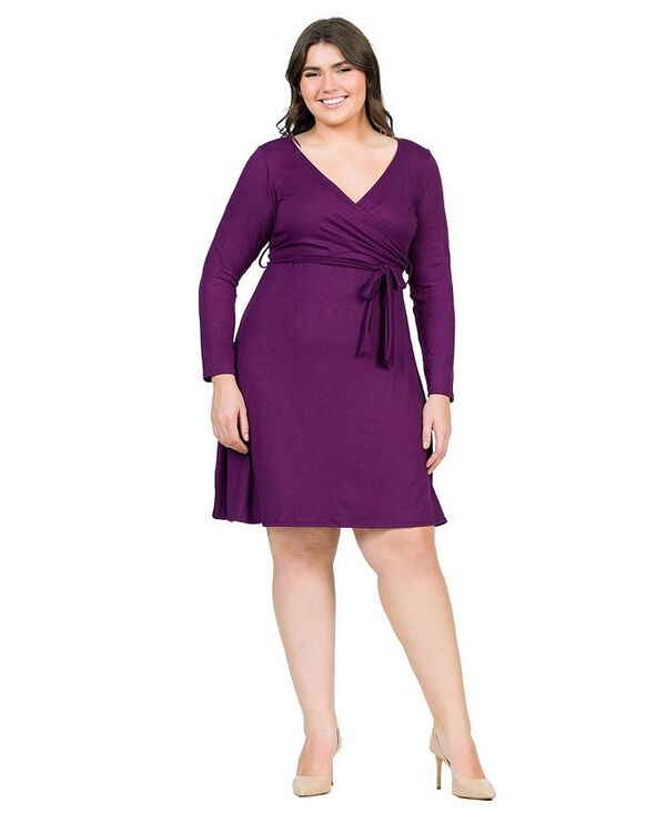 24 セブンコンフォート レディース トップス ワンピース Vネック プラスサイズ 24seven Comfort Apparel Plus Size Chic V-Neck Long Sleeve Belted Dress Purple パープル|ReVida 店
