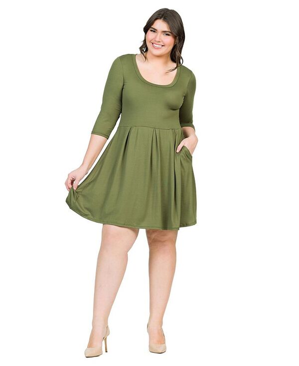 24 セブンコンフォート レディース トップス ワンピース プラスサイズ 24seven Comfort Apparel Plus Size Fit and Flare Elbow Sleeves Dress Olive オリーブ｜ReVida 店 15,606円