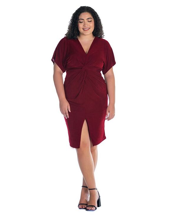 24 セブンコンフォート レディース トップス ワンピース Vネック プラスサイズ 24seven Comfort Apparel Plus Size Short Sleeve V-Neck Twist Front Split Hem Dress Wine ワイン｜ReVida 店