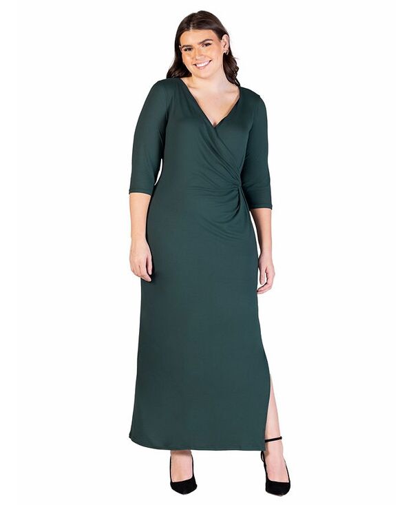 24 セブンコンフォート レディース トップス ワンピース サイドスリット Vネック マキシワンピース マキシ 24seven Comfort Apparel Fitted V-Neck Side Slit Maxi Dress Hunter|ReVida 店