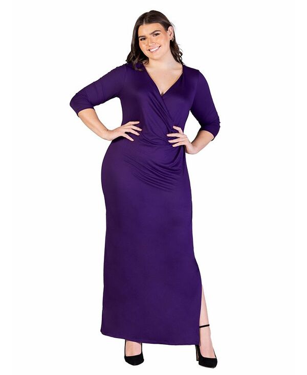 24 セブンコンフォート レディース トップス ワンピース サイドスリット Vネック マキシワンピース マキシ 24seven Comfort Apparel Fitted V-Neck Side Slit Maxi Dress Purple パープル