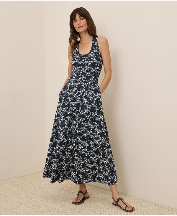 パクト レディース トップス ワンピース オープンバック マキシワンピース コットン マキシ Pact Women's Organic Cotton Fit & Flare Open Back Maxi Dress Bouquet blooms midnight blue ブルー｜ReVida 店