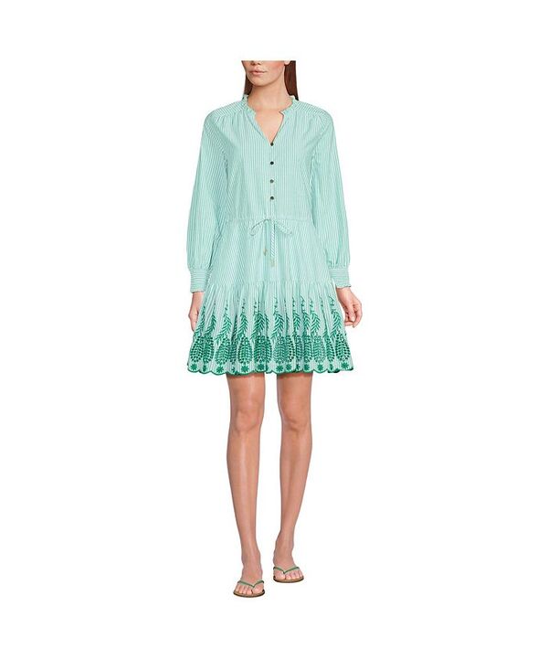 ランズエンド レディース トップス ワンピース ミニ Lands' End Women's Long Sleeve Eyelet Mini Popover Dress Vibrant clover stripe eyelet ストライプ