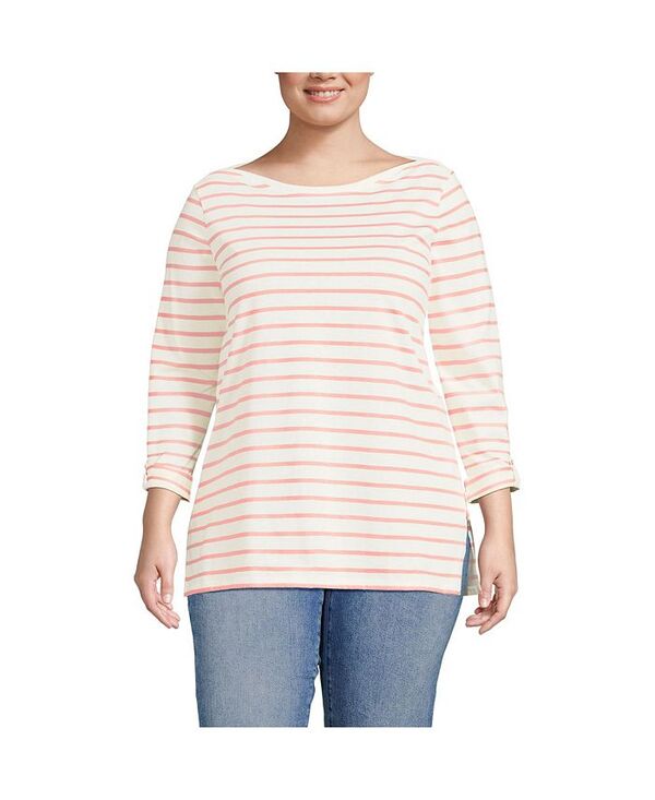 ランズエンド レディース トップス シャツ プラスサイズ コットン Lands' End Plus Size Supima Cotton Adjustable 3/4 Sleeve Boatneck Tunic Ivory/peach breton stripe アイボリー