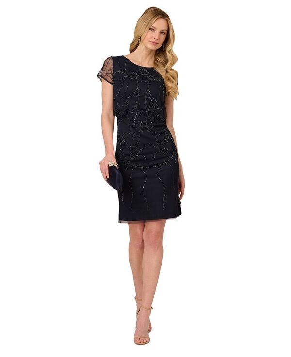 アドリアナ パペル レディース トップス ワンピース メッシュ Adrianna Papell Women's Bead-Embellished Mesh Sheath Dress Midnight｜ReVida 店