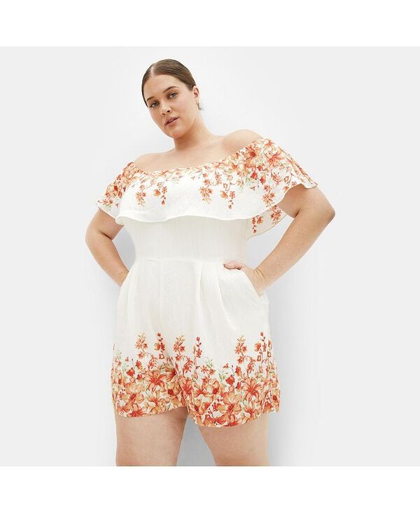 シティーシック レディース トップス ワンピース プラスサイズ プリント CITY CHIC Plus Size Poppy Print Playsuit Peach pop border ピーチ|ReVida 店