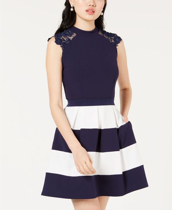 レディースファッション ワンピース 話題の行列 Lace Trim Juniors トップス ワンピース レディース スピーチレス Fit Navy Ivory Dress Flare Www Matrimonioweb Net
