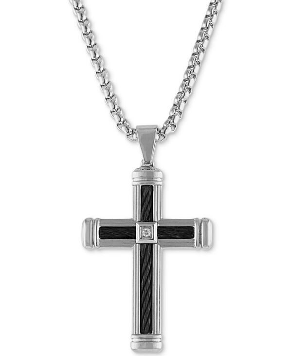 エスクァイア メンズ アクセサリー ネックレス・チョーカー・ペンダントトップ Tシャツ レース Esquire Men's Jewelry Diamond Accent Cross 22 Pendant Necklace in Stainless Steel & Black Ion-Plate Stainless Steel ブラック