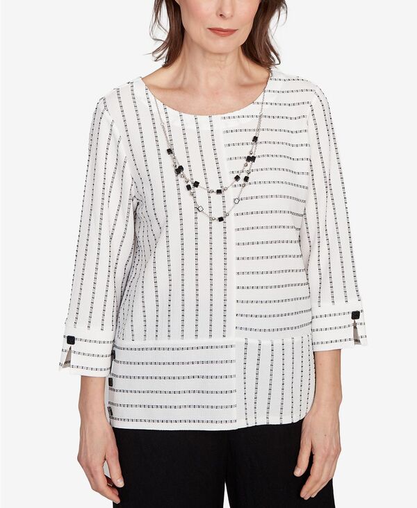 アルフレッド ダナー レディース トップス シャツ クルーネック プチ レース Alfred Dunner Petite Santa Barbara Splice Textured Stripe Crew Neck Top with Necklace Black/White ホワイト