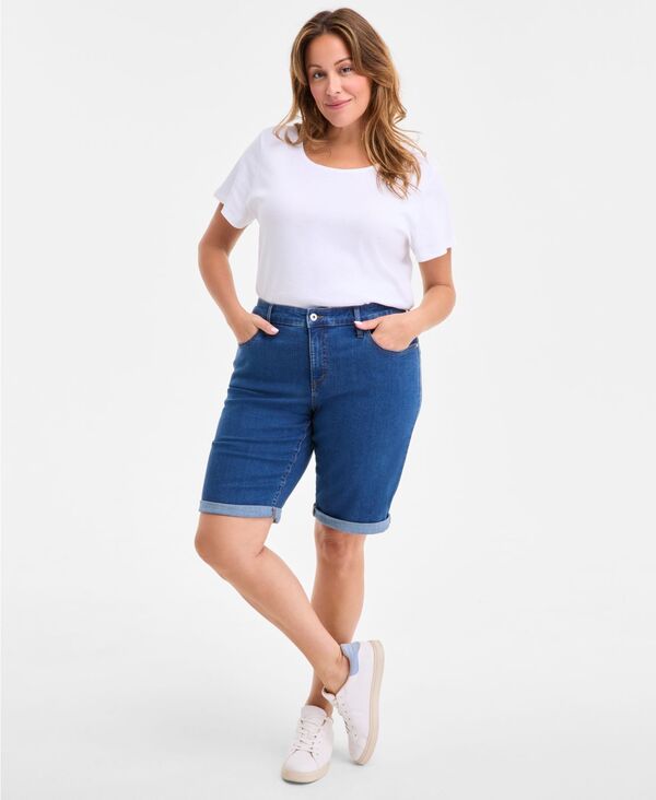 スタイルアンドコー レディース ボトムス ハーフパンツ・ショーツ プラスサイズ ショートパンツ デニム Style & Co Plus Size Mid-Rise Roll-Cuff Bermuda Denim Shorts Medium Light Wash デニム
