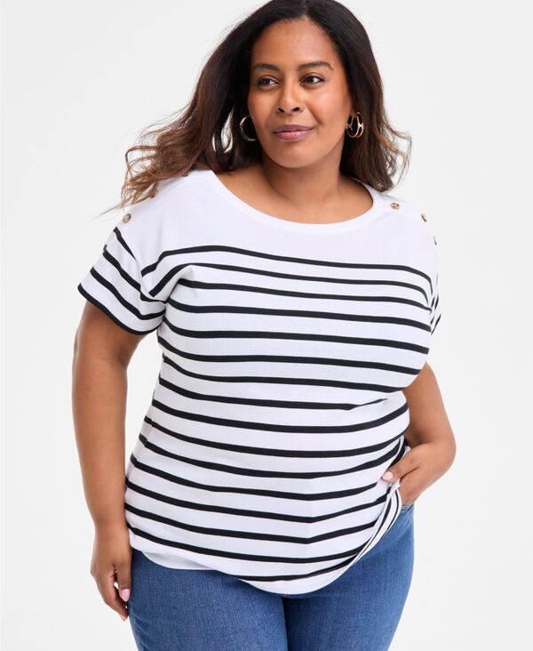 スタイルアンドコー レディース トップス シャツ プラスサイズ Tシャツ Style & Co Plus Size Stripe Button-Trim T-Shirt Bright White Combo ホワイト