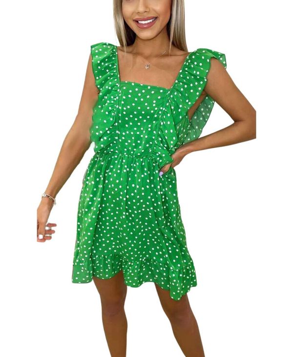 レディースファッション ワンピース アックスパリ レディース ワンピース トップス Women S Polka Dot Square Neck Frill Dress Green 良質