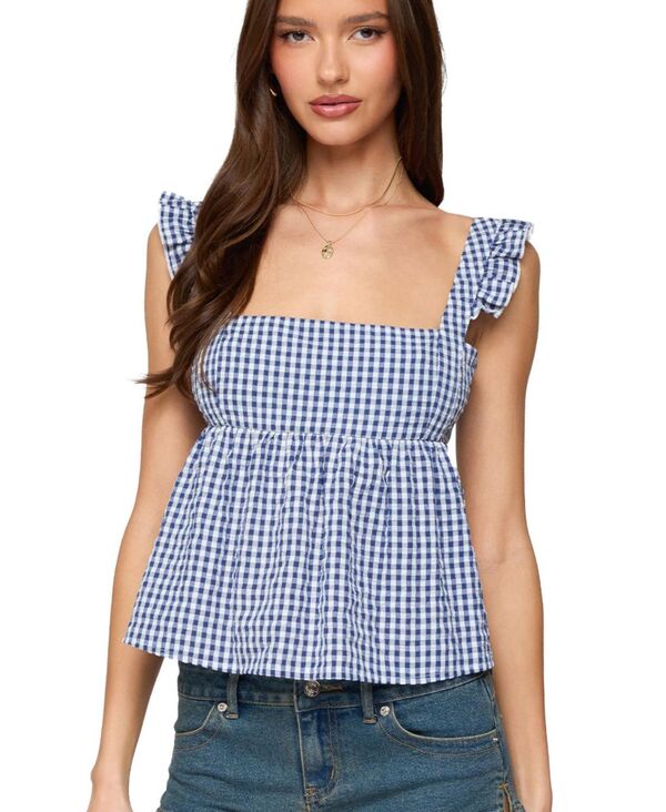 アディクテッド レディース トップス シャツ 背中開き ギンガムチェック ギンガム Edikted Women's Jenson Backless Gingham Top Blue ブルー|ReVida 店