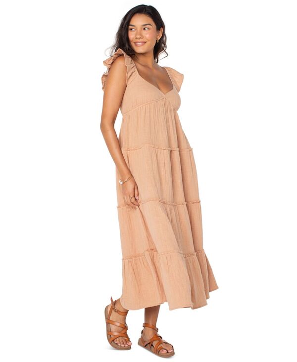 ロキシー レディース トップス ワンピース ティアード ミディワンピース ミディ シャーリング コットン Roxy Juniors' Palmy Days Cotton Smocked-Back Tiered Midi Dress Praline Sol Stamp Emby|ReVida 店
