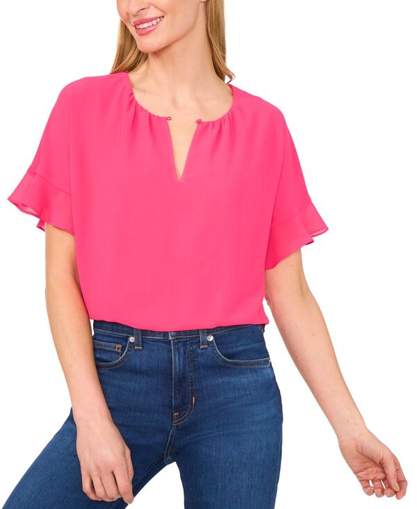 セセ レディース トップス シャツ 半袖 ブラウス CeCe Women's Short-Sleeve Half Button Flowy Blouse Magenta マゼンタ｜ReVida 店