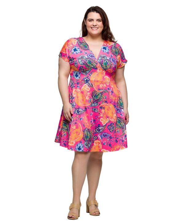 24 セブンコンフォート レディース トップス ワンピース Vネック ひざ丈 プラスサイズ エンパイア 24seven Comfort Apparel Plus Size V-Neck Empire Waist Knee Length Dress Pink Multi ピンク