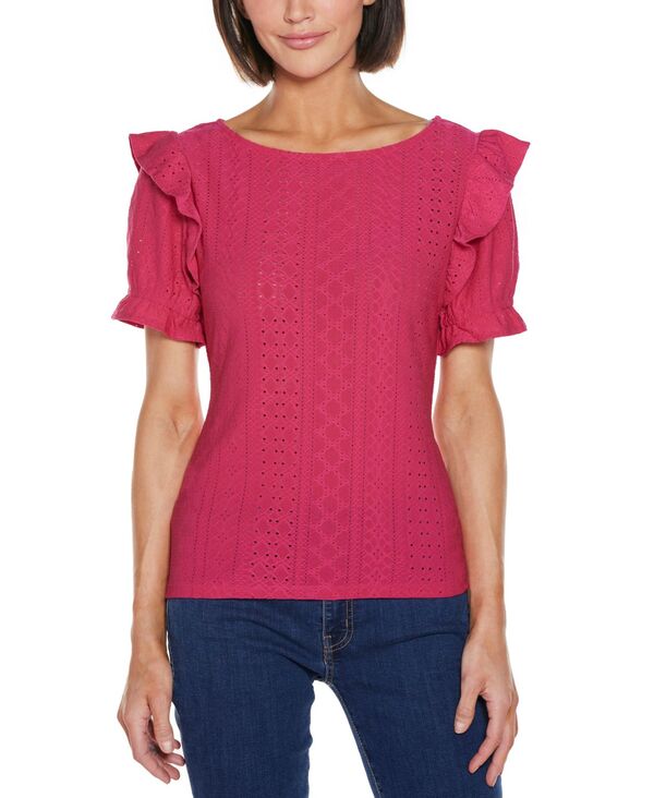 ベルディーニ レディース トップス シャツ フリル ニット Belldini Women's Knit Eyelet Ruffle Sleeve Top Pomegranate Punch
