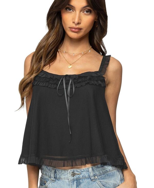アディクテッド レディース トップス シャツ フリル メッシュ Edikted Women's Ruffle Mesh Babydoll Tank Top Black ブラック|ReVida 店