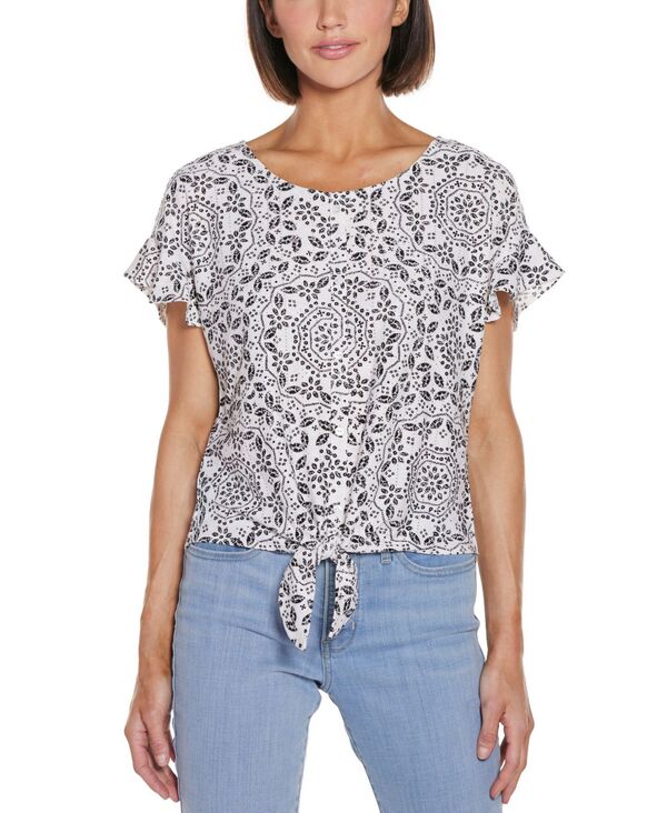 ベルディーニ レディース トップス シャツ プリント ニット Belldini Women's Printed Eyelet Tie Front Knit Top White/Black ホワイト