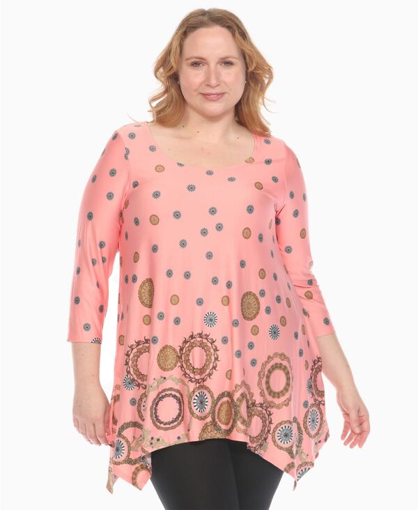 ホワイトマーク レディース トップス シャツ プラスサイズ プリント White Mark Plus Size Printed Flowy Hem Swing Top Brown Pink ピンク