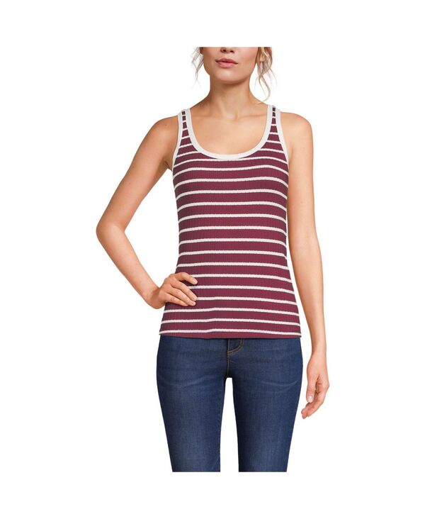 ランズエンド レディース トップス シャツ Lands' End Women's Pointelle Rib UNeck Tank Burgundy/ivory breton stripe アイボリー