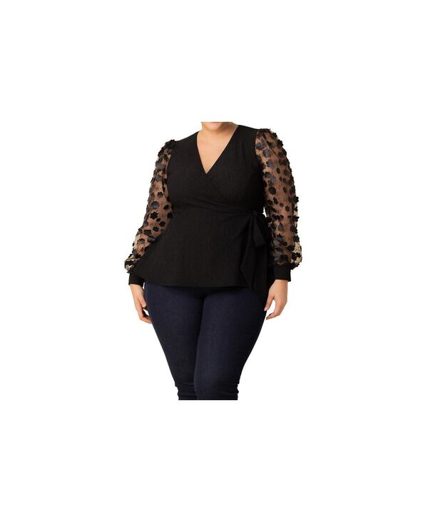 キヨナ レディース トップス シャツ プラスサイズ Kiyonna Plus Size Scattered Petals Long Sleeve Wrap Top Onyx blossoms|ReVida 店