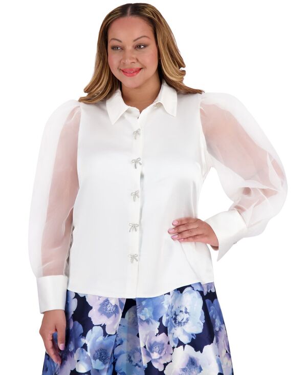 ミューズ レディース トップス シャツ プラスサイズ ブラウス Muse Plus Size Bow-Trim Bishop-Sleeve Blouse Ivy/White ホワイト
