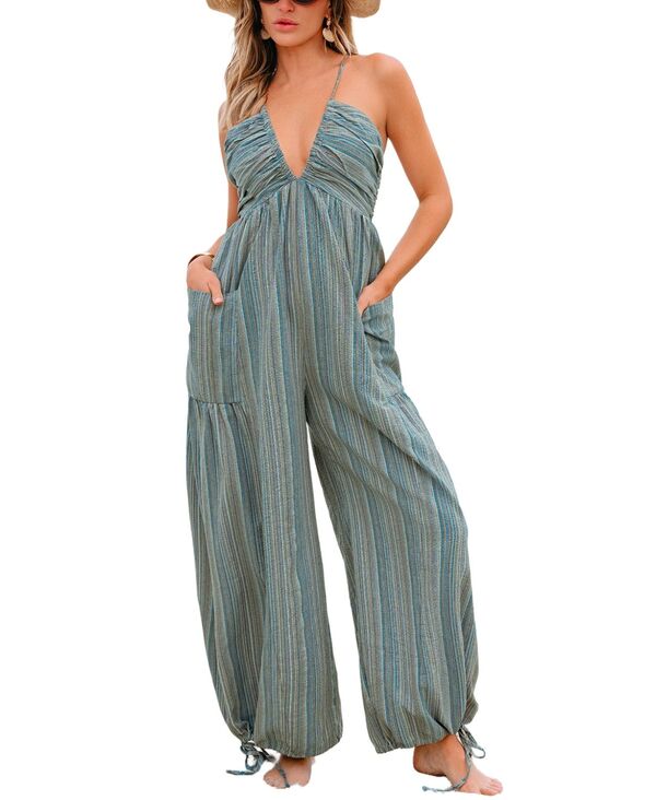 カップシー レディース トップス ジャンプスーツ Cupshe Women's Striped Plunge Loose Leg Jumpsuit Medium blue ブルー