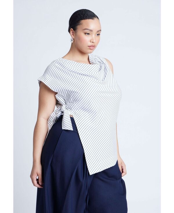 エロクイ レディース トップス シャツ プラスサイズ ELOQUII Plus Size Asym Tie Top Black on cream クリーム