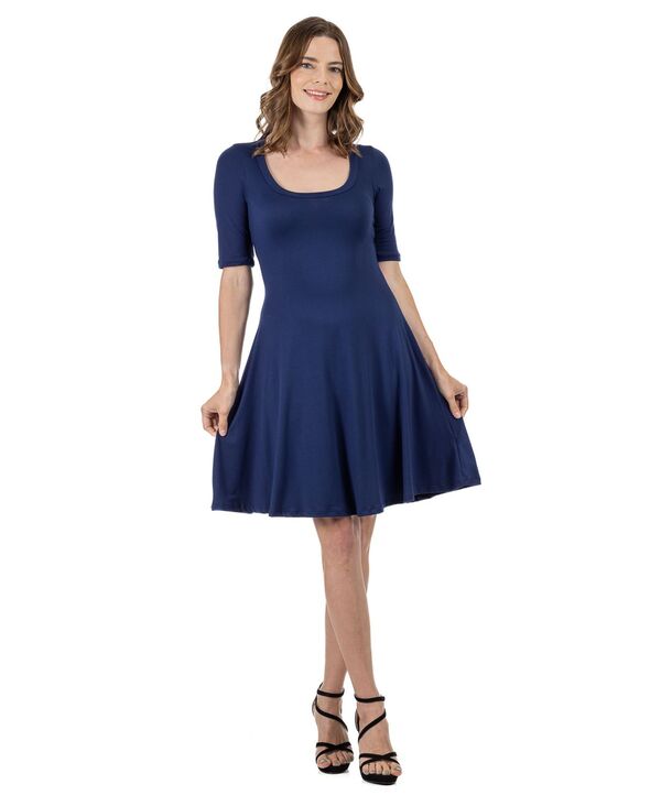 24 セブンコンフォート レディース トップス ワンピース A ライン ひざ丈 プチ 24seven Comfort Apparel 24seven Comfort Petite Apparel A Line Knee Length Dress Elbow Length Sleeves Navy ネイビー