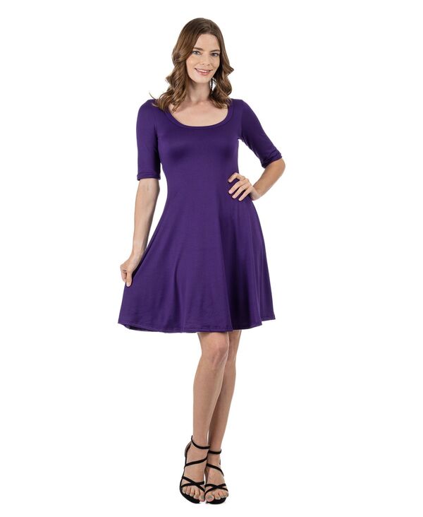 24 セブンコンフォート レディース トップス ワンピース A ライン ひざ丈 プチ 24seven Comfort Apparel 24seven Comfort Petite Apparel A Line Knee Length Dress Elbow Length Sleeves Purple パープル