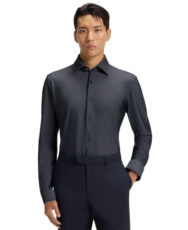 ヒューゴボス メンズ トップス シャツ ジャージー Hugo Boss Men's Structured Stretch Jersey Regular-Fit Dress Shirt Dark Blue ブルー