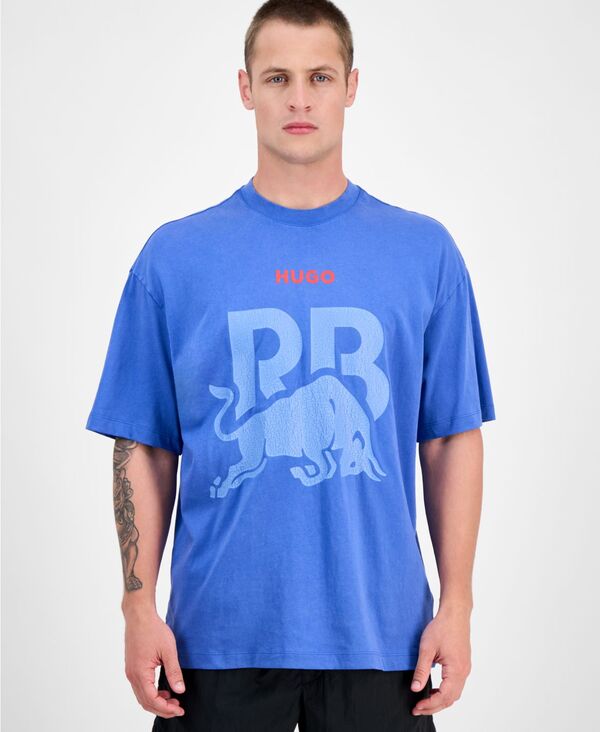 ヒューゴボス メンズ トップス Tシャツ クルーネック シャツ グラフィック Hugo Boss Men's Washed Fanwear Oversized Short Sleeve Crewneck Bull Graphic T-Shirt Med Blue ブルー
