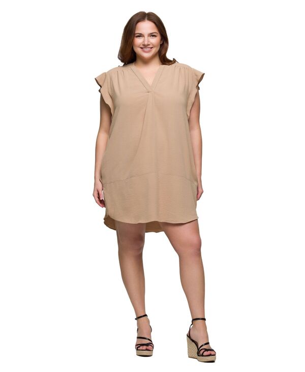 24 セブンコンフォート レディース トップス ワンピース Vネック ひざ丈 プラスサイズ キャップ 24seven Comfort Apparel Plus Size V-Neck Cap Sleeve Knee Length Pocket Dress Nude