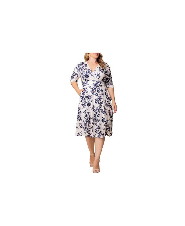 キヨナ レディース トップス ワンピース ミディワンピース プラスサイズ ギャザー ミディ Kiyonna Plus Size Gabriella Ruched Sleeve Midi Dress with Pockets Ivory florals アイボリー