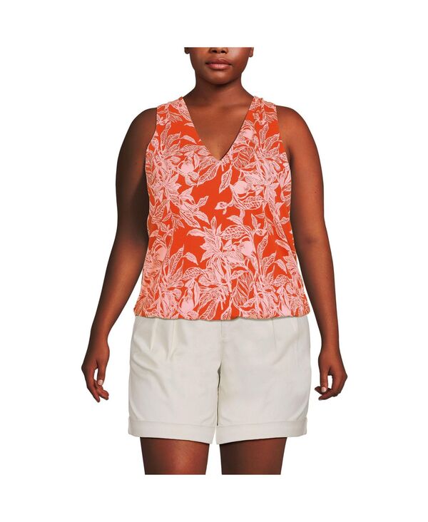 ランズエンド レディース トップス シャツ Vネック プラスサイズ ジャージー Lands' End Plus Size Lightweight Jersey Blouson Vneck Tank Orange/peach etched leaves ピーチ