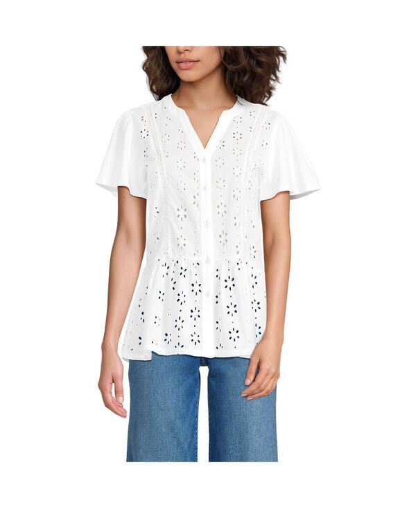 ランズエンド レディース トップス シャツ Lands End Women Short Sleeve Mixed Media Eyelet Top White ホワイト