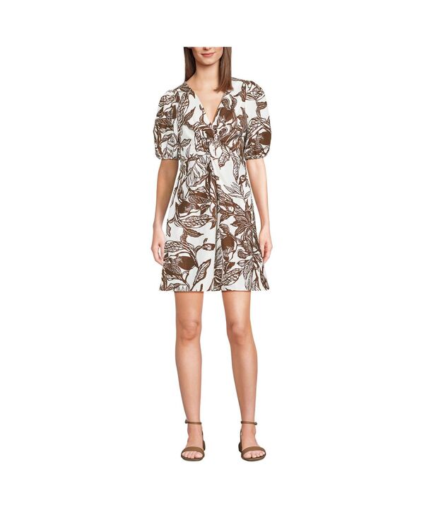 ランズ挙げ句の果て レディース トップス 衣装 リネン Lands\u0027 End Women\u0027s Linen Above the Knee Puff Sleeve Dress Vanilla/bark etched leaves ワンピース-レディースファッション