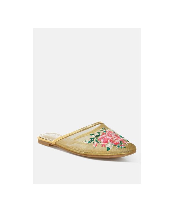 ロンドンラグ レディース シューズ サンダル フラワー柄 メッシュ 刺繍 フラワー London Rag Shara Floral Embroidered Mesh Mules Gold ゴールド