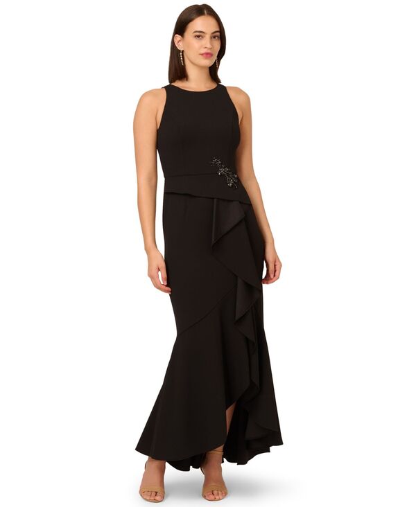 アドリアナ パペル レディース トップス ワンピース クレープ フリル Adrianna Papell Women's Cascading-Ruffle Crepe Gown Black ブラック