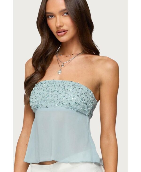 アディクテッド レディース トップス シャツ シフォン シアー ストラップレス Edikted Women Beadie Sheer Chiffon Strapless Top Light-blue ブルー