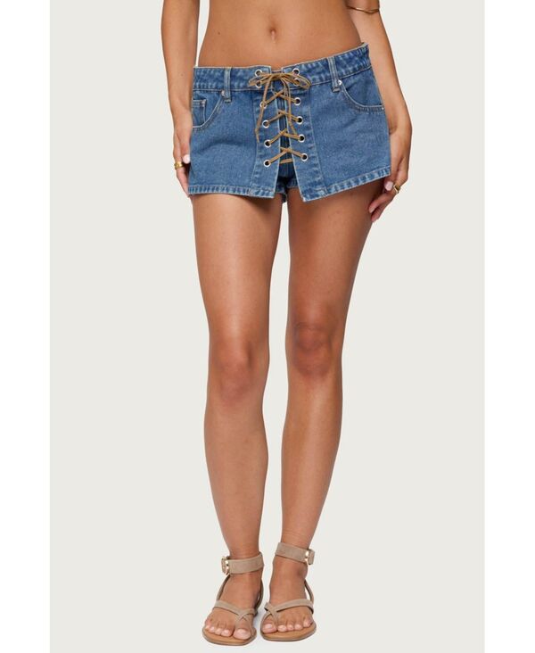 アディクテッド レディース ボトムス スカート ミニ デニム レース Edikted Women's Olivera Lace Up Denim Mini Skort Blue-washed ブルー｜ReVida 店