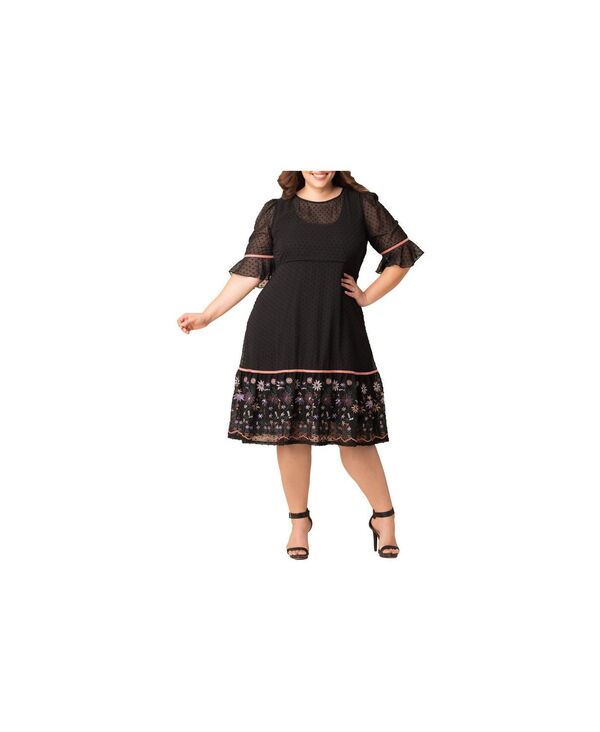 キヨナ レディース トップス ワンピース ミディワンピース プラスサイズ ミディ 刺繍 Kiyonna Plus Size Mesmerizing Embroidered Cocktail Midi Dress Wildflowers